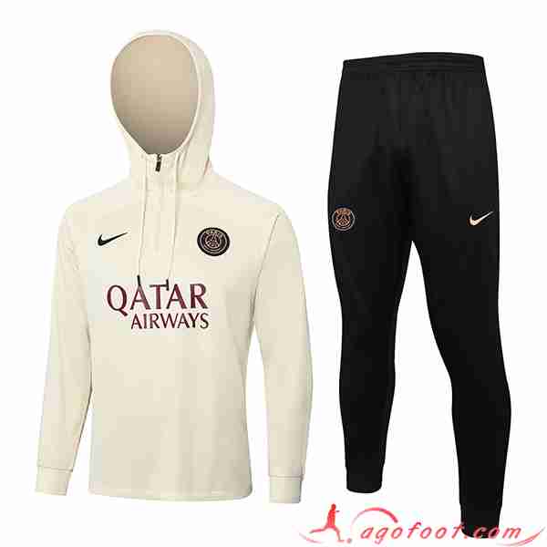 Ensemble Survetement Veste A Capuche PSG Beige/Noir 2023/2024