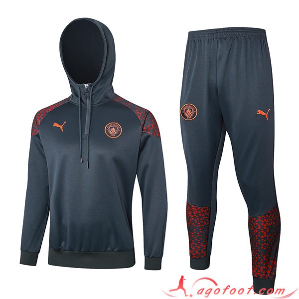 Ensemble Survetement Veste A Capuche Manchester City Gris/Rouge 2023/2024