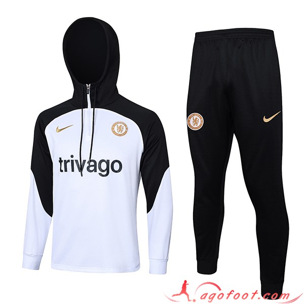 Ensemble Survetement Veste A Capuche FC Chelsea Blanc/Noir 2023/2024 -02
