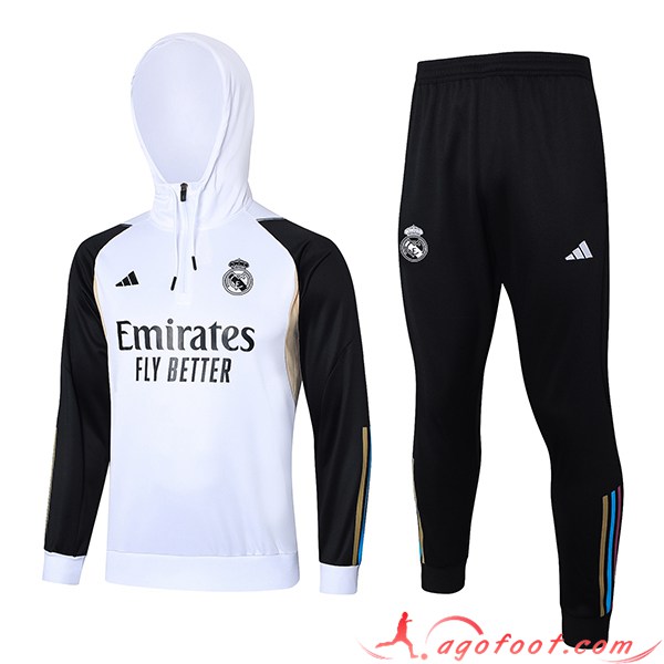 Ensemble Survetement Veste A Capuche Real Madrid Blanc/Noir 2023/2024