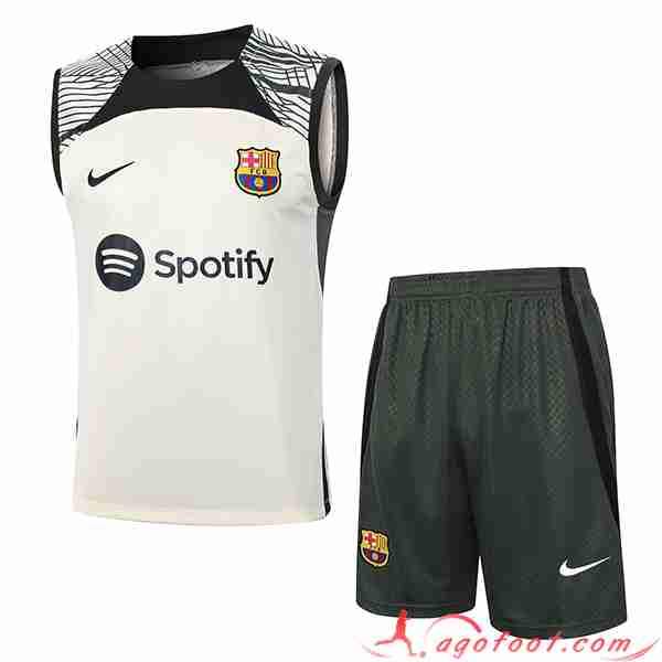 Ensemble Training Debardeur + Shorts FC Barcelone Beige/Noir/Vert 2023/2024