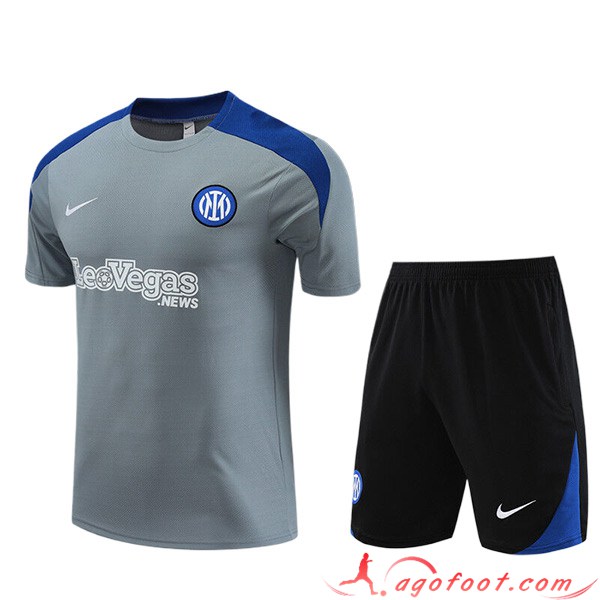 Ensemble Training T-Shirts + Shorts Inter Milan Enfant Gris/Bleu/Noir 2023/2024