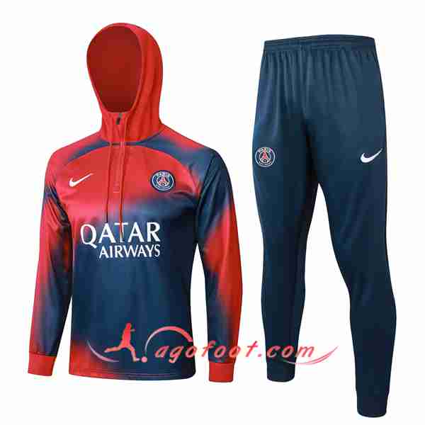 Ensemble Survetement Veste A Capuche PSG Rouge/Bleu 2023/2024