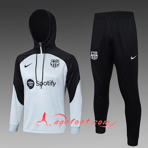 Ensemble Survetement Veste A Capuche FC Barcelone Enfant Gris/Noir 2023/2024