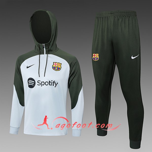 Ensemble Survetement Veste A Capuche FC Barcelone Enfant Gris/Vert 2023/2024