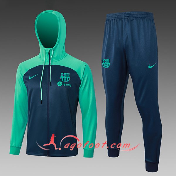 Ensemble Survetement Veste A Capuche Coupe-Vent FC Barcelone Enfant Bleu/Vert 2023/2024