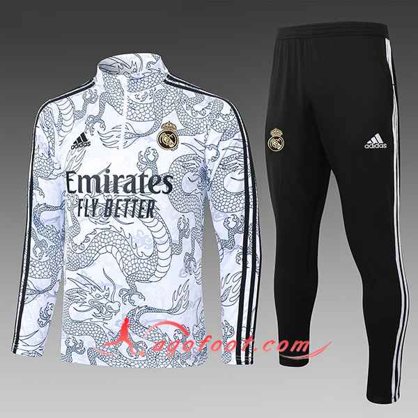 Ensemble Survetement de Foot Real Madrid Enfant Blanc/Noir 2023/2024 -02