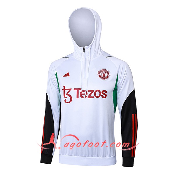Sweatshirt Training Capuche Manchester United Blanc/Noir/Rouge 2023/2024