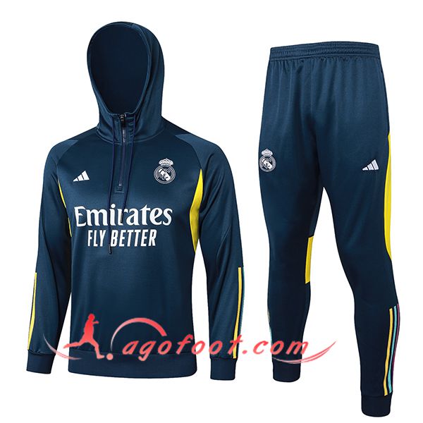 Ensemble Survetement Veste A Capuche Coupe-Vent Real Madrid Bleu/Jaune 2023/2024