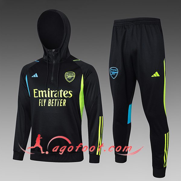 Ensemble Survetement Veste A Capuche Arsenal Enfant Noir/Vert/Bleu 2023/2024