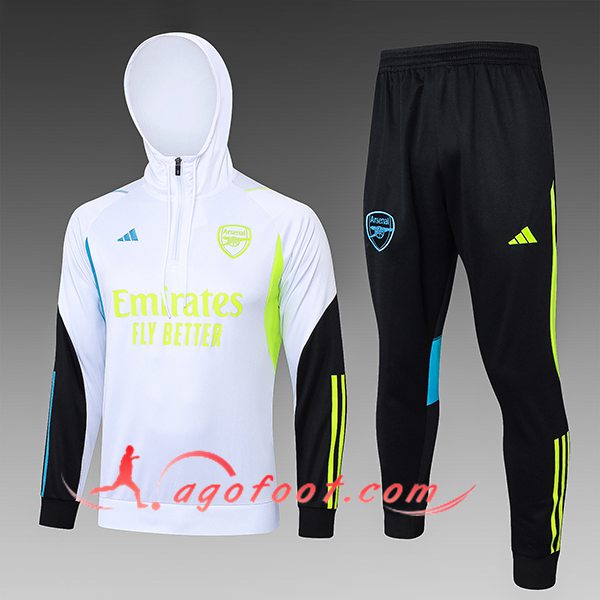 Ensemble Survetement Veste A Capuche Arsenal Enfant Blanc/Vert/Bleu 2023/2024