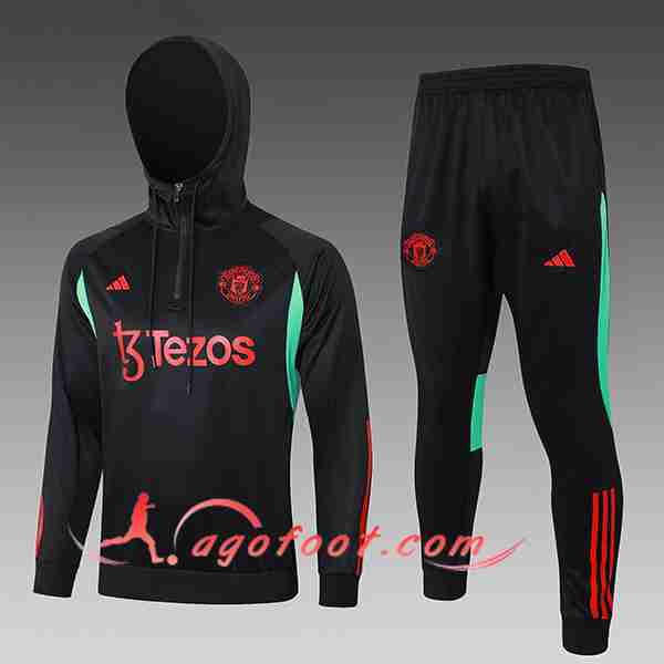 Ensemble Survetement Veste A Capuche Manchester United Enfant Noir/Rouge/Vert 2023/2024