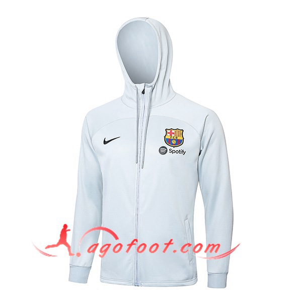 Ensemble Survetement Veste A Capuche Coupe-Vent FC Barcelone Gris Clair 2024/2025