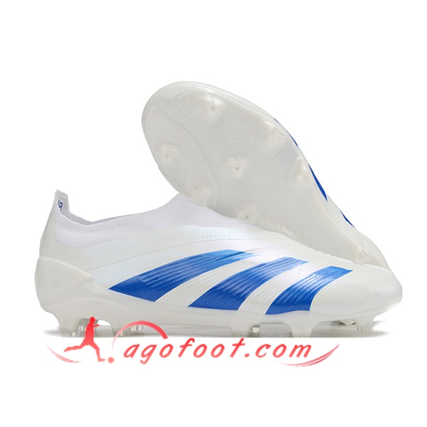 Adidas Chaussures de Foot PREDATOR ELITE LACELESS BOOTS FG Blanc/Bleu