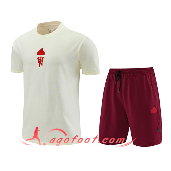 Ensemble Training T-Shirts + Shorts Manchester United Beige/Rouge 2024/2025