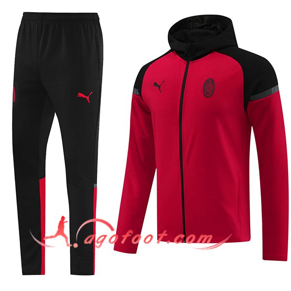 Ensemble Survetement Veste A Capuche Coupe-Vent Milan AC Rouge/Noir 2024/2025
