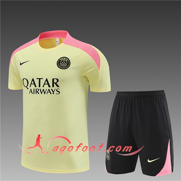 Ensemble Training T-Shirts + Shorts PSG Enfant Jaune/Rose/Noir 2024/2025