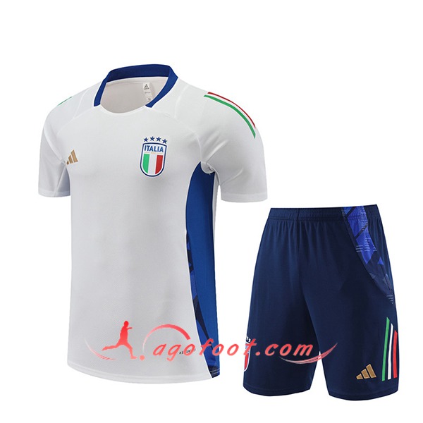 Ensemble Training T-Shirts + Shorts Italie Blanc/Bleu 2024/2025 -02