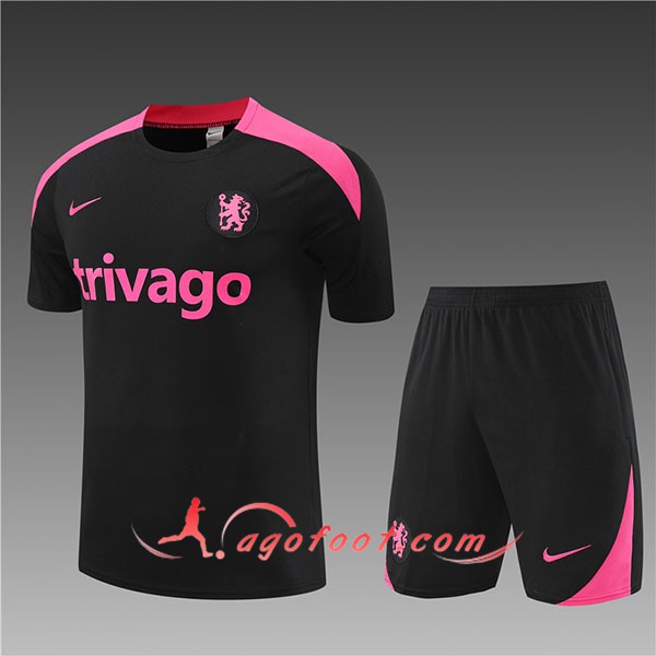 Ensemble Training T-Shirts + Shorts FC Chelsea Enfant Noir/Rose 2024/2025