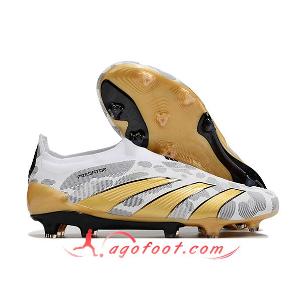 Adidas Chaussures de Foot PREDATOR ELITE LACELESS BOOTS FG Blanc/Gris/Jaune