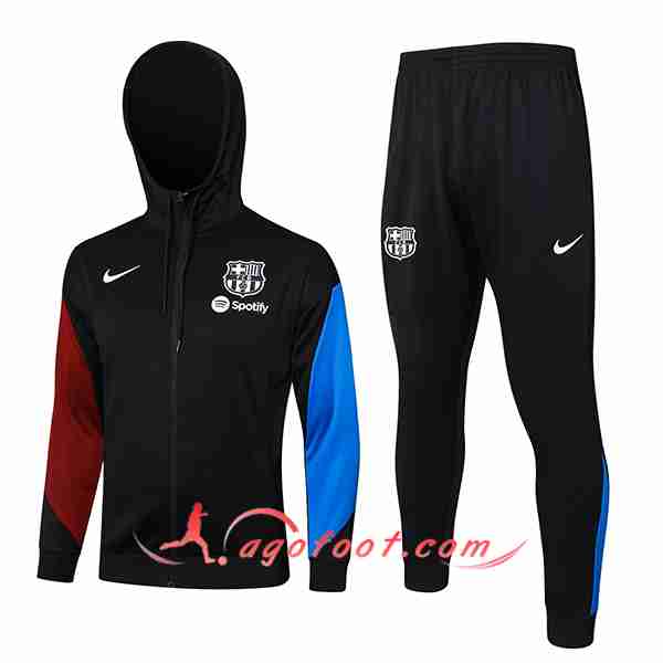 Ensemble Survetement Veste A Capuche Coupe-Vent FC Barcelone Noir/Rouge/Bleu 2024/2025