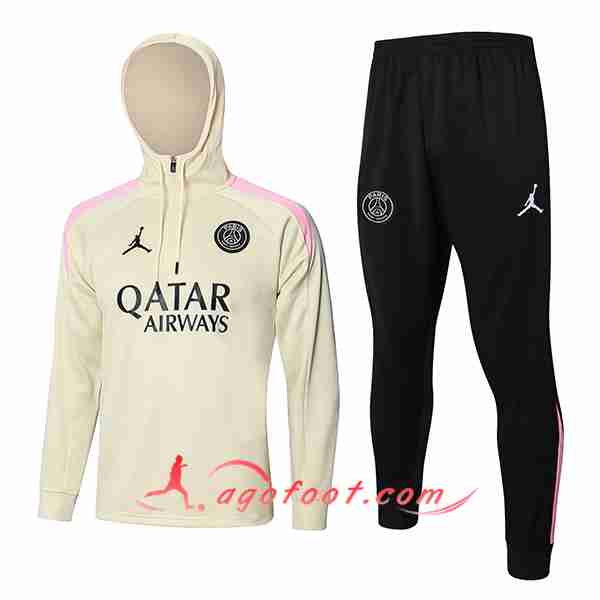 Ensemble Survetement Veste A Capuche Coupe-Vent PSG Beige/Rose 2024/2025