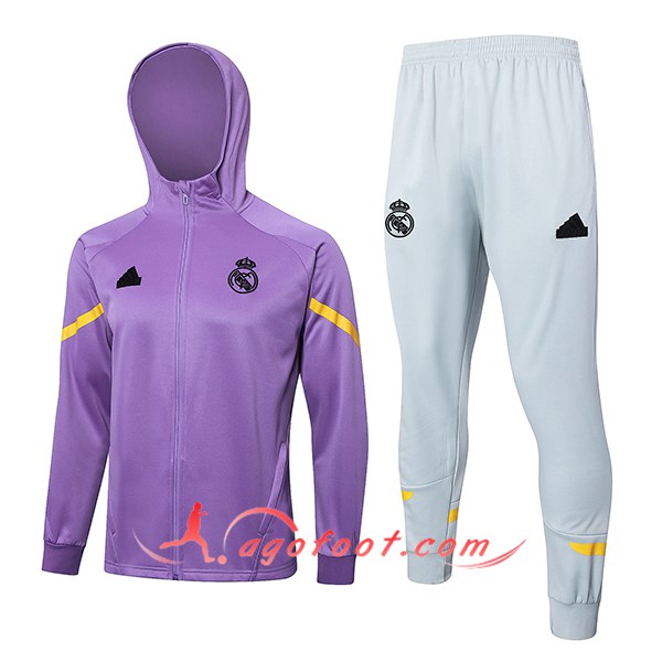 Ensemble Survetement Veste A Capuche Coupe-Vent Real Madrid Pourpre/Jaune 2024/2025