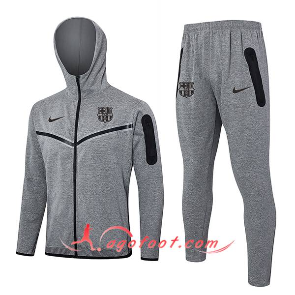 Ensemble Survetement Veste A Capuche Coupe-Vent FC Barcelone Gris 2024/2025 -03