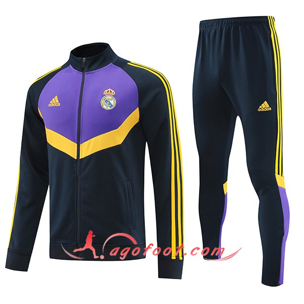 Ensemble Survetement de Foot Veste Foot Real Madrid Noir/Pourpre/Jaune 2024/2025