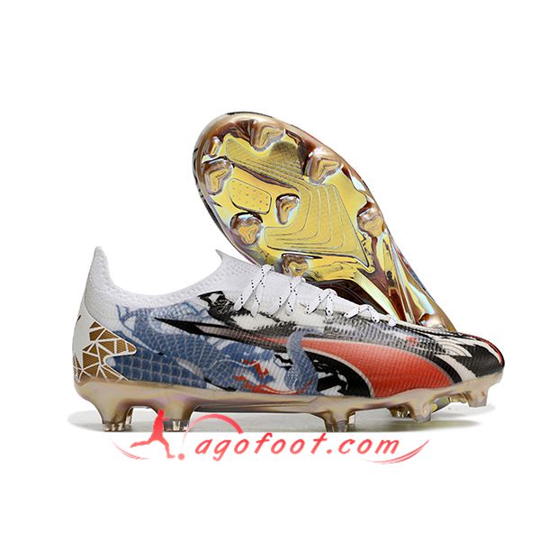 PUMA Chaussures de Foot Ultra Ultimate FG Blanc/Noir/Bleu/Rouge