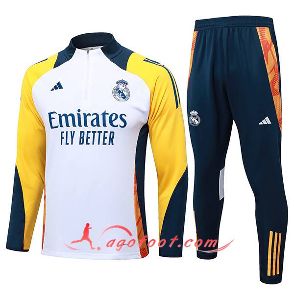 Ensemble Survetement de Foot Real Madrid Blanc/Jaune/Bleu 2024/2025