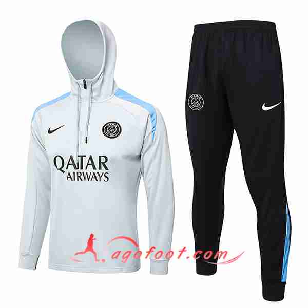 Ensemble Survetement Veste A Capuche Coupe-Vent PSG Gris Clair 2024/2025