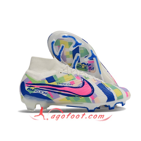 Nike Chaussures de Foot Zoom Superfly 9 Elite FG SE Blanc/Vert/Bleu/Rose