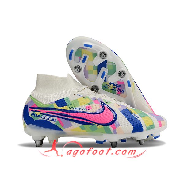 Nike Chaussures de Foot Air Zoom Mercurial Superfly IX Elite SG Blanc/Vert/Bleu/Rose