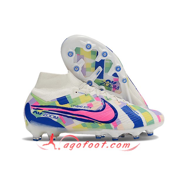 Nike Chaussures de Foot Air Zoom Mercurial Superfly IX Elite AG Blanc/Vert/Bleu/Rose