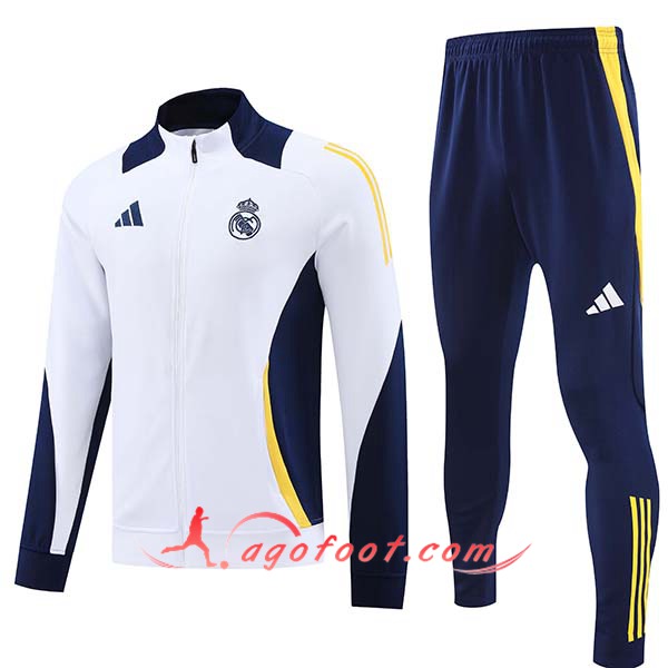 Ensemble Survetement de Foot Veste Foot Real Madrid Blanc/Bleu/Jaune 2024/2025