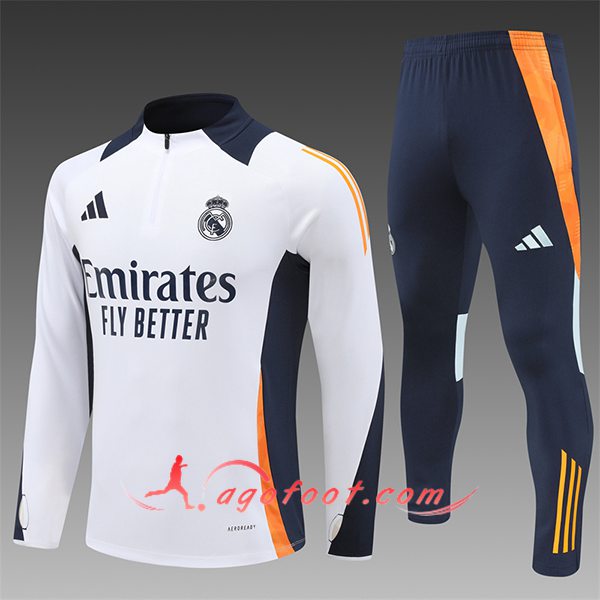 Ensemble Survetement de Foot Real Madrid Enfant Blanc/Orange/Bleu 2024/2025