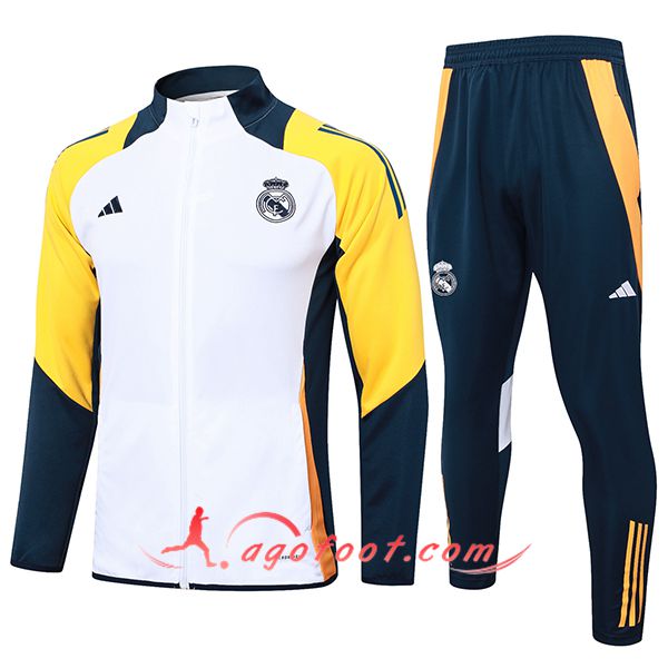 Ensemble Survetement de Foot Veste Foot Real Madrid Blanc/Jaune/Bleu 2024/2025