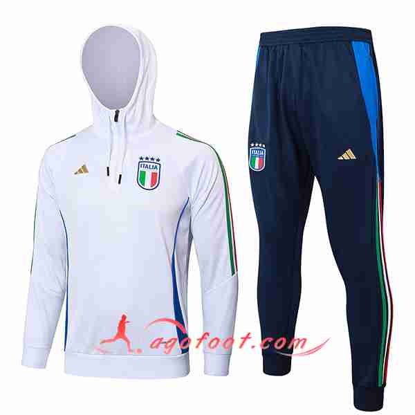 Ensemble Survetement Veste A Capuche Coupe-Vent Italie Blanc/Bleu 2024/2025