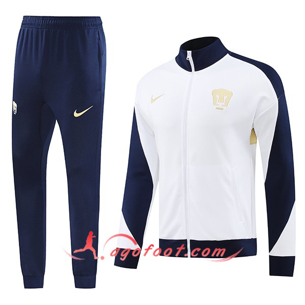 Ensemble Survetement de Foot Veste Foot Pumas UNAM Blanc/Bleu/Jaune 2024/2025