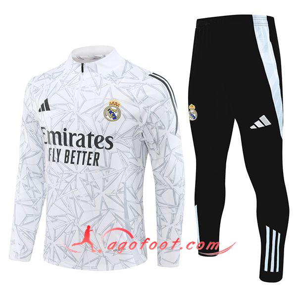 Ensemble Survetement de Foot Real Madrid Blanc/Gris/Noir 2024/2025