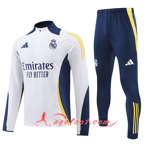 Ensemble Survetement de Foot Real Madrid Enfant Blanc/Bleu/Jaune 2024/2025