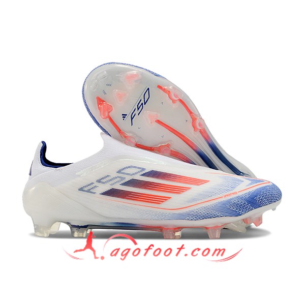 Adidas Chaussures de Foot F50 Elite Laceless FG Blanc/Bleu/Orange