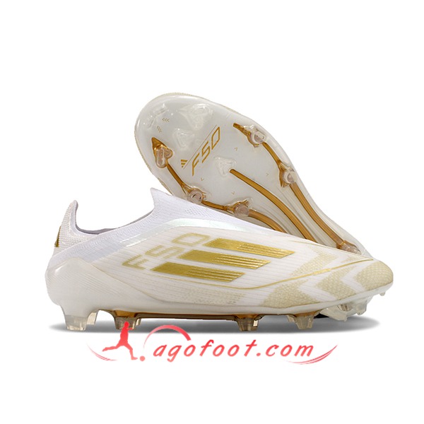 Adidas Chaussures de Foot F50 Elite Laceless FG Blanc/Jaune