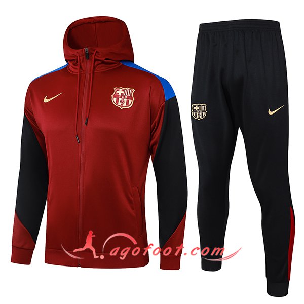 Ensemble Survetement Veste A Capuche Coupe-Vent FC Barcelone Rouge/Noir 2024/2025