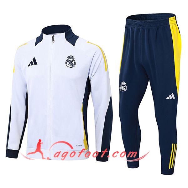 Ensemble Survetement de Foot Veste Foot Real Madrid Blanc/Bleu/Jaune 2024/2025 -02