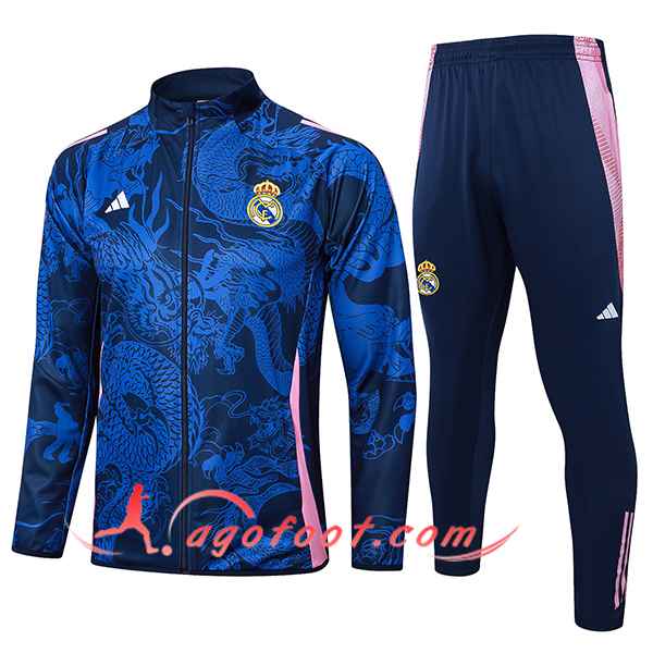 Ensemble Survetement de Foot Veste Foot Real Madrid Bleu/Rose 2024/2025