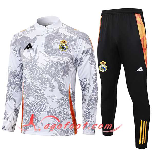 Ensemble Survetement de Foot Real Madrid Blanc/Gris 2024/2025 -02