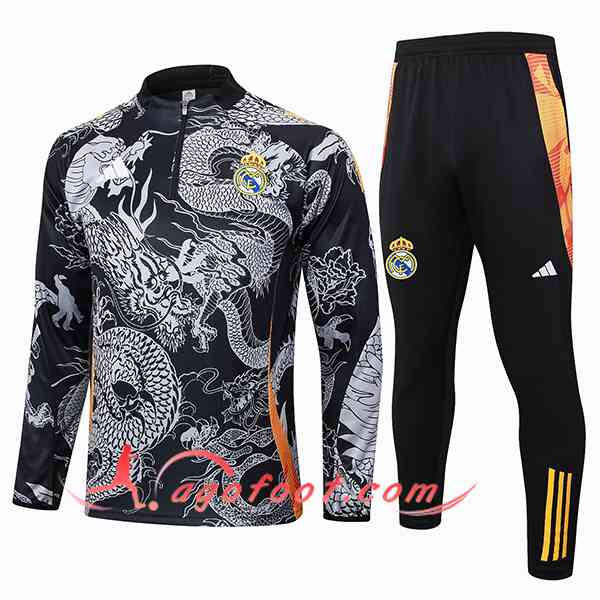 Ensemble Survetement de Foot Real Madrid Noir/Gris/Orange 2024/2025