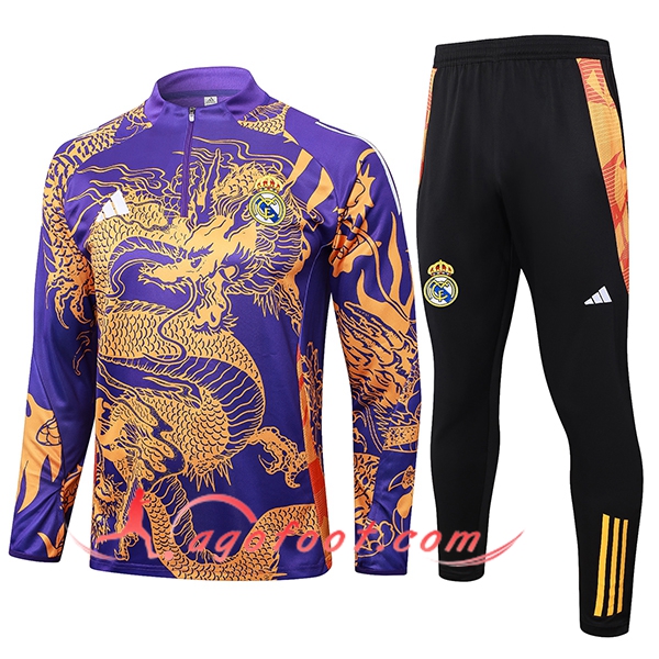 Ensemble Survetement de Foot Real Madrid Pourpre/Jaune 2024/2025 -02